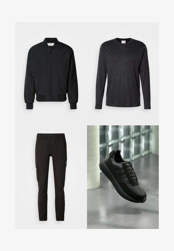 Chaqueta bomber negra hecha de tejido suave, con cremallera frontal, puños acanalados y un cuello clásico. Diseño minimalista sin patrones.; Camisa negra de manga larga y cuello redondo de Calvin Klein con pequeño logo CK en el lado izquierdo del pecho, mostrada sobre un fondo blanco liso.; Pantalones cargo negros hechos de una tela ligera, con una cintura elástica, bolsillos laterales y piernas ajustadas con puños ajustables.; Zapatillas de cuero negro con acentos texturizados, diseño de cordones, puntera redonda y suela de goma con un detalle azul contrastante.