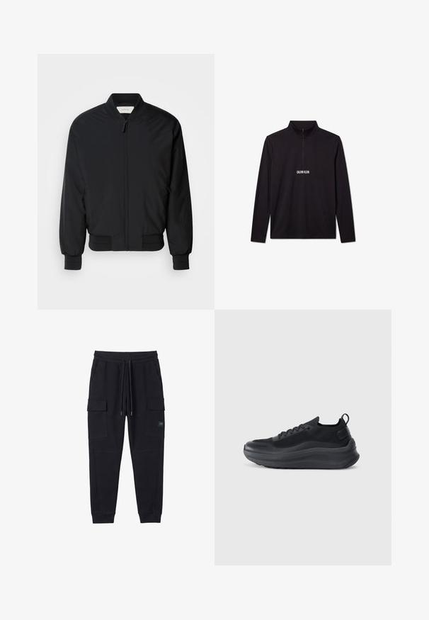 Chaqueta bomber negra hecha de tejido suave, con cremallera frontal, puños acanalados y un cuello clásico. Diseño minimalista sin patrones.; Jersey de manga larga negro de Calvin Klein con cremallera de cuarto y logo blanco impreso en el pecho.; Pantalones jogger cargo negros con cintura elástica, cordón, bolsillos laterales y puños acanalados, mostrados planos sobre un fondo blanco.; Zapatilla deportiva negra con parte superior de malla, acentos texturizados y una suela de goma gruesa. Cuenta con una lengüeta en el talón y un diseño con cordones.