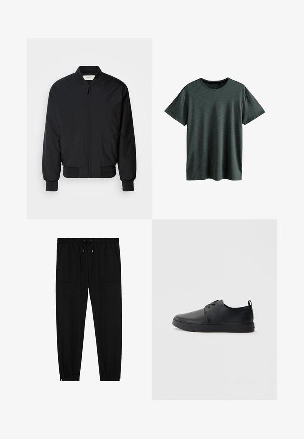 Veste bomber noire en tissu lisse, avec une fermeture éclair à l'avant, des poignets côtelés et un col classique. Design minimaliste sans motifs.; T-shirt gris foncé en tissu doux et texturé. Doté d'un col rond classique et de manches courtes avec un motif subtil. Pas de logos visibles.; Pantalon de jogging noir avec taille élastique, cordon de serrage, poches plaquées frontales et poignets élastiques sur fond blanc.; Baskets en cuir noir avec une finition lisse, bout arrondi, coutures ton sur ton, devant à lacets et semelle plate en caoutchouc. Anse au talon.