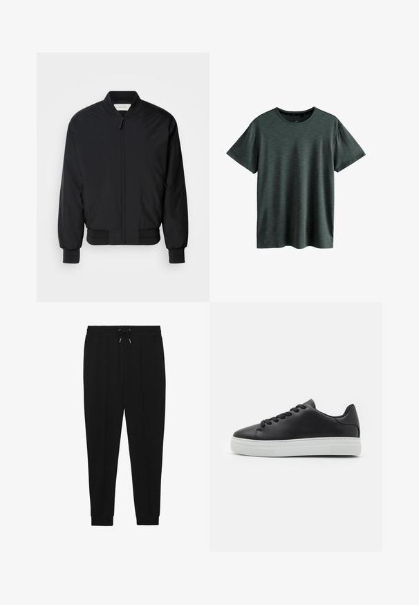 Chaqueta bomber negra hecha de tejido suave, con cremallera frontal, puños acanalados y un cuello clásico. Diseño minimalista sin patrones.; Camiseta gris oscuro hecha de un tejido suave y texturizado. Presenta un clásico cuello redondo y mangas cortas con un sutil patrón. Sin logotipos visibles.; Pantalones deportivos negros con cintura ajustable, piernas ajustadas y puños acanalados. Hechos de una tela suave con una textura lisa.; Zapatilla de cuero negro con punta redonda, suela de goma blanca y cordones negros. Presenta un acabado liso y un diseño minimalista.