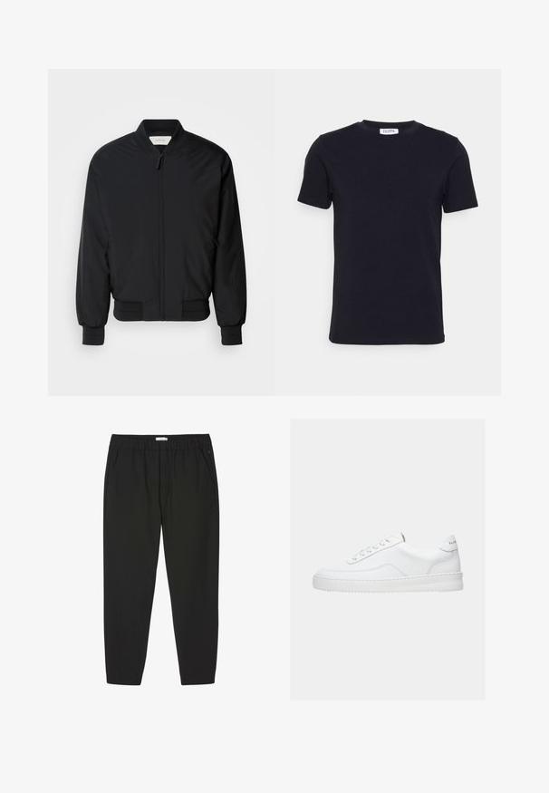 Chaqueta bomber negra hecha de tejido suave, con cremallera frontal, puños acanalados y un cuello clásico. Diseño minimalista sin patrones.; Camiseta negra de manga corta con cuello redondo, con una pequeña etiqueta blanca en el interior del cuello.; Pantalones negros con cintura elástica, piernas rectas y bolsillos laterales, diseñados para uso casual o profesional.; Zapatilla deportiva blanca de corte bajo con diseño con cordones, parte superior de cuero liso y suela gruesa, vista de lado sobre un fondo liso.