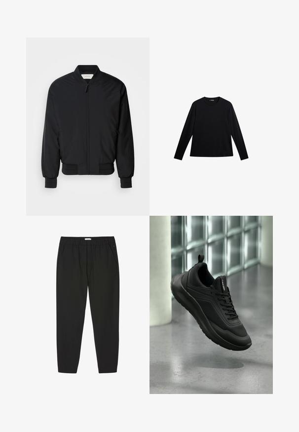 Veste bomber noire en tissu lisse, avec une fermeture éclair à l'avant, des poignets côtelés et un col classique. Design minimaliste sans motifs.; T-shirt noir à manches longues en tissu lisse, doté d'un col rond et d'un logo discret sur le devant, avec une coupe décontractée.; Pantalon noir avec taille élastique, jambes droites et poches latérales, conçu pour un usage décontracté ou professionnel.; Baskets Calvin Klein noires avec panneaux en mesh et panneaux unis, lacets et languette de tirage, flottant au-dessus d'un sol en béton poli près de briques de verre.