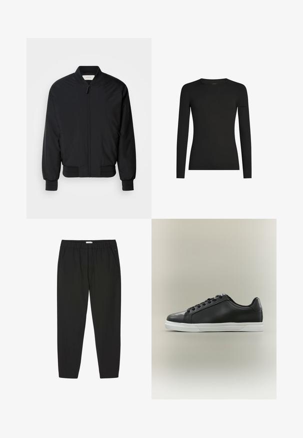 Chaqueta bomber negra hecha de tejido suave, con cremallera frontal, puños acanalados y un cuello clásico. Diseño minimalista sin patrones.; Camiseta negra de manga larga ajustada con cuello redondo y un sutil logo de Icebreaker en la manga izquierda, mostrada sobre un fondo blanco.; Pantalones negros con cintura elástica, piernas rectas y bolsillos laterales, diseñados para uso casual o profesional.; Zapatilla negra baja con suela de goma blanca y cordones negros, mostrada de perfil sobre un fondo beige claro.