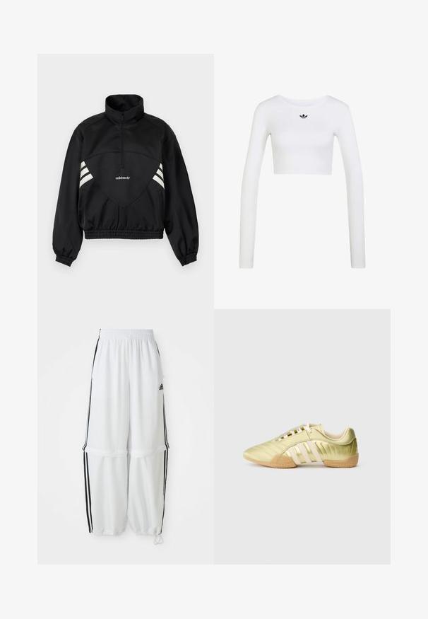Zwarte Adidas pulloverjas met halve rits, witte zijstrepen, elastische manchetten en elastische zoom op effen achtergrond.; Witte cropped top met lange mouwen, ronde hals en klein zwart Adidas-logo gecentreerd onder de halslijn.; Witte sportbroek met een relaxte pasvorm, elastische tailleband en zwarte zijkanten. Voorzien van ritszakken en elastische boorden bij de enkels.; Synthetische sportschoen in limoengroen met een gladde textuur, voorzien van drie witte strepen, een zachte binnenvoering en een gestructureerde rubberen buitenzool.