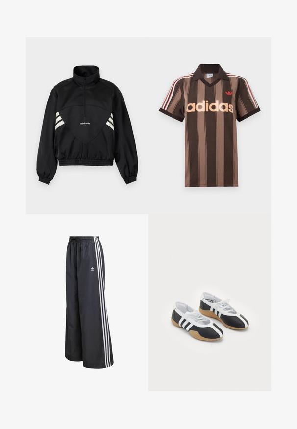 Zwarte Adidas pulloverjas met halve rits, witte zijstrepen, elastische manchetten en elastische zoom op effen achtergrond.; Bruine gestreepte Adidas polo met V-hals, bordeauxrode kraag en rood logo. Heeft witte en rode schouderstrepen, korte mouwen.; Zwarte sportbroek van lichtgewicht materiaal, met drie witte verticale strepen en een elastische tailleband met trekkoord.; Zwart-witte sport schoenen met een slank ontwerp, rubberen zool, vetersluiting en drie witte strepen aan de zijkanten.