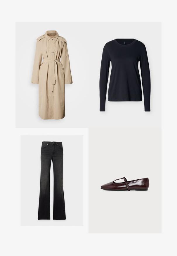 Trench-coat beige avec taille ceinturée, manches longues, épaulettes et fermeture boutonnée à l'avant. Tissu lisse avec deux poches latérales.; Chemise noire à manches longues et col rond, étalée à plat sur un fond blanc, vue de face avec un design propre et simple.; Jean flare taille haute noir avec poches avant, passants de ceinture, fermeture par boutons et effet délavé.; Chaussure plate en cuir bordeaux foncé avec un bout pointu et une fine bride en T avec une boucle argentée sur fond blanc.