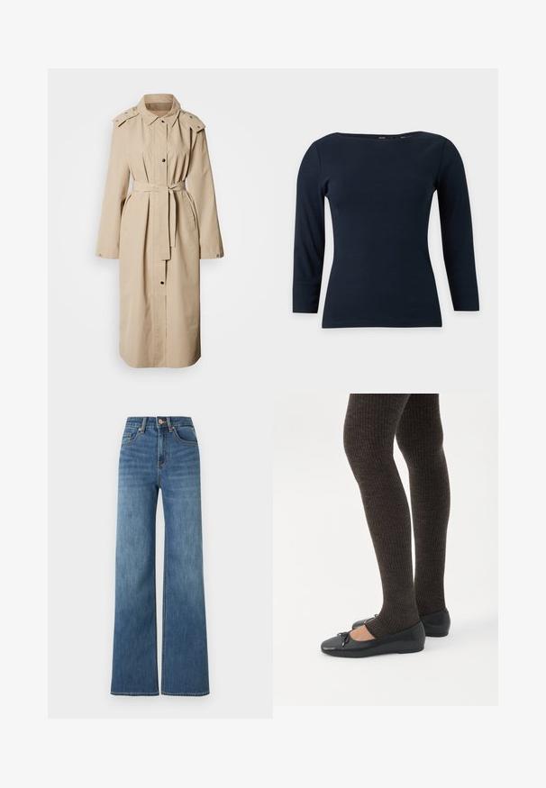 Trench-coat beige avec taille ceinturée, manches longues, épaulettes et fermeture boutonnée à l'avant. Tissu lisse avec deux poches latérales.; Haut ajusté bleu marine à manches longues avec un col bateau et une texture de tissu simple et lisse sur fond uni.; Jean taille haute bleu moyen avec jambes larges, fermeture avant par boutons et zip, style cinq poches.; Jambes portant des leggings côtelés foncés associés à des ballerines noires avec de petits détails en nœud sur fond blanc.