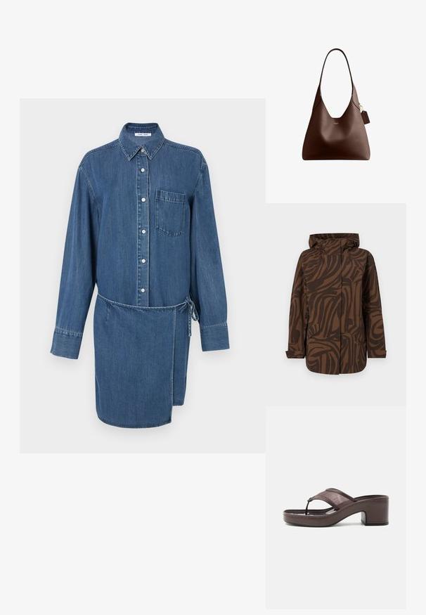 Braune gemusterte Jacke mit Kapuze, die abstrakte dunkelbraune Streifen aufweist, zwei Fronttaschen hat und in einem lockeren Schnitt gestaltet ist.; Denim-Kleid in Dunkelblau mit durchgehender Knopfleiste, langen Ärmeln, einer einzelnen Brusttasche und einem Taillenbindegürtel.; Braune Sandale mit Absatz, Netzriemen und Zehensteg, ausgestattet mit einem Blockabsatz und einer genähten Sohle, seitlich auf weißem Hintergrund abgebildet.; Dunkelbraune Lederschultertasche mit tiefem V-Ausschnitt, einem einzelnen Riemen, kleinem goldenen Logo und einem hängenden Lederanhänger an einer Goldkette.