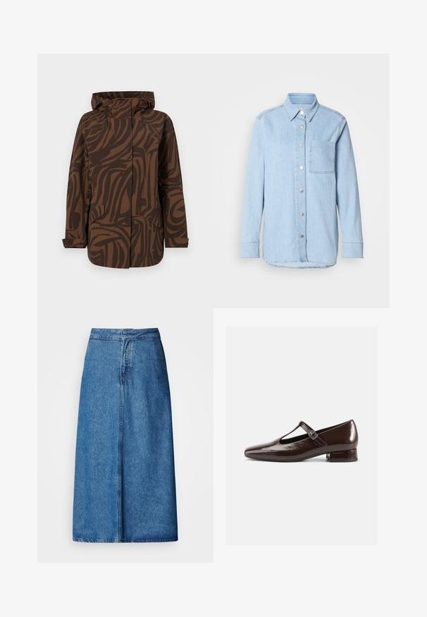 Brun mønstret jakke med hætte, der har abstrakte mørkebrune striber, to frontlommer og et afslappet fit design.; Lyseblå denimskjorte med knaplukning foran, spids krave, enkelt brystlomme og lange ærmer med knapmanchetter.; Denim midi-nederdel med afslappet pasform, høj talje, frynset kant og ensfarvet blå. Enkel design uden synlige udsmykninger.; Brune Mary Jane-sko i laklæder med en rundet tå, udskæringsdesign og justerbar rem. Lav blokhæl.