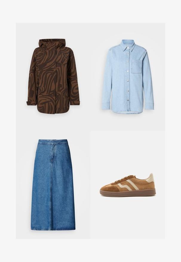 Brun mønstret jakke med hætte, der har abstrakte mørkebrune striber, to frontlommer og et afslappet fit design.; Lyseblå denimskjorte med knaplukning foran, spids krave, enkelt brystlomme og lange ærmer med knapmanchetter.; Denim midi-nederdel med afslappet pasform, høj talje, frynset kant og ensfarvet blå. Enkel design uden synlige udsmykninger.; Brun ruskind og kordfløjls sneaker med beige bølgede striber, snørebånd og en gummisål på hvid baggrund, sidebeskåret view.