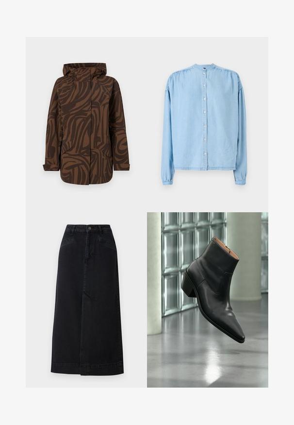 Braune gemusterte Jacke mit Kapuze, die abstrakte dunkelbraune Streifen aufweist, zwei Fronttaschen hat und in einem lockeren Schnitt gestaltet ist.; Hellblaues, langärmliges, knopfbares Hemd aus weichem Denim, mit rundem Halsausschnitt, gerafften Schultern und gerader Schnittführung.; Schwarzer Denim-Midikleid mit gerader Form, Druckknopfverschluss vorne und seitlichen Taschen mit dezenten Nähte.; Schwarzer Leder-Stiefelette mit spitzer Schuhspitze und Blockabsatz, der über einem reflektierenden grauen Boden nahe einer Glassteinwand schwebt.