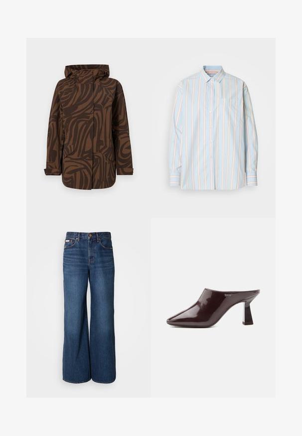 Brun mønstret jakke med hætte, der har abstrakte mørkebrune striber, to frontlommer og et afslappet fit design.; Lyseblå button-up skjorte med lodrette striber i hvid og blød pink. Inkluderer en brystlomme og kontrasterende stribede manchetter. Blødt stof tekstur.; Bredde jeans lavet af mørkeblåt denim. Funktioner inkluderer en høj talje, fem lommer og kontrasterende orange syninger langs sømmene.; Skinnende mørkebrun mule med spids tå og blokhæl samt DKNY-logo på siden, vist på en ren hvid baggrund.