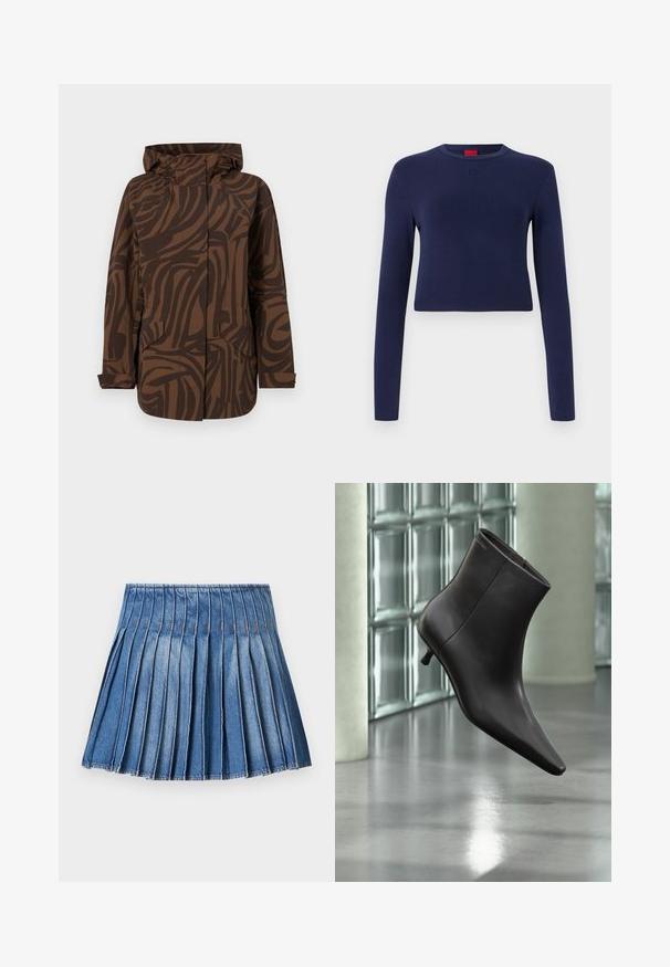 Brun mønstret jakke med hætte, der har abstrakte mørkebrune striber, to frontlommer og et afslappet fit design.; Mørkeblå cropped langærmet top lavet af blødt stof, med rund halsudskæring og præget logo på brystet.; Denim plisseret nederdel med en tætsiddende talje, der har lodrette pliser i en mellemblå farve og kontrasterende syninger.; Sort læderankelstøvle med spids tå og lille hæl vist mod en væg af glasblokke og poleret gulv baggrund.