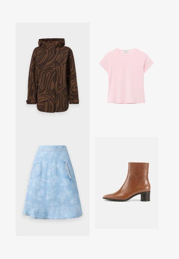 Bruine gewatteerde jas met een capuchon, voorzien van abstracte donkergouden strepen, twee voorzakken en een ontspannen pasvorm.; Lichtroze T-shirt met korte mouwen, een ronde halslijn en een klein wit label binnenin de kraag.; Lichtblauwe A-lijn rok van denim met een subtiel bloemenpatroon, voorzien van twee zijzakken en een gladde, omgezoomde afwerking.; Bruine leren enkellaars met een puntige neus, een gestructureerde afwerking en een middelhoge blokhak. Eenvoudig ontwerp zonder zichtbare hardware of patronen.