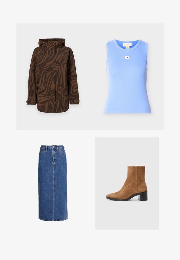 Braune gemusterte Jacke mit Kapuze, die abstrakte dunkelbraune Streifen aufweist, zwei Fronttaschen hat und in einem lockeren Schnitt gestaltet ist.; Ärmelloses hellblaues, geripptes Tanktop mit rundem Ausschnitt und kleinem Calvin Klein Jeans Logo-Patch mittig auf der Brust.; Denim-Midirock in Mittelblau mit geradem Schnitt, vorderem Knopfverschluss, zwei Seitentaschen und sichtbaren Nähten für Textur.; Braune Wildleder-Schnöe mit spitzem Zehenbereich, mittlerem Blockabsatz und dezent geprägtem Logo-Detail. Reißverschluss an der Seite.