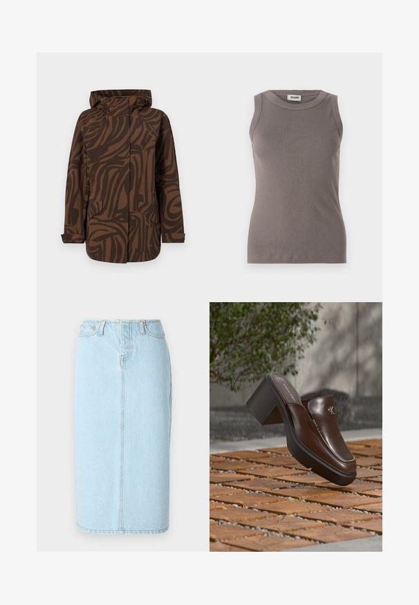Braune gemusterte Jacke mit Kapuze, die abstrakte dunkelbraune Streifen aufweist, zwei Fronttaschen hat und in einem lockeren Schnitt gestaltet ist.; Graues, geripptes Tanktop mit rundem Ausschnitt und ärmellosem Design, hergestellt aus einem weichen, strukturierten Stoff. Schlichte, taillierte Silhouette.; Helle blaue Denim-Bleistiftrock mit hoher Taille, Fünf-Taschen-Design und subtilen Stickdetails entlang der Nähte.; Braune Leder-Calvin Klein Absatzpantolette, die über einem Holzboden mit verschwommenem grünem Pflanzen- und Wandhintergrund schwebt.