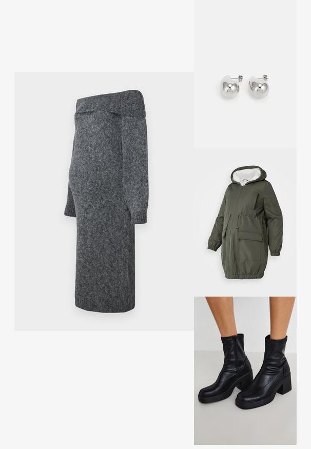 Olive roheline parka voodriga kapuutsiga, täispika tõmblukuga, elastsete mansettide ja mitmete taskutega. Valmistatud siledast, veekindlast kangast.; Hallihallatud hall makrameekleit, millel on õlavarrevabad kujundus, pikad puhvli varrukad ja soonilised mansetid; pehme tekstuur ja keskmise säärme pikkus.; Mustad mustad nahast jalatsis dõst üheste plokkniski, külje lukuga, sileda tekstuuri ja kitseneva varbaga disainiga.; Hõbedased tilga kõrvarõngad, millel on ümardatud, peegelduvad pinnad; minimalistlik disain sujuva tekstuuri ja diskreetse brändingu detailiga.