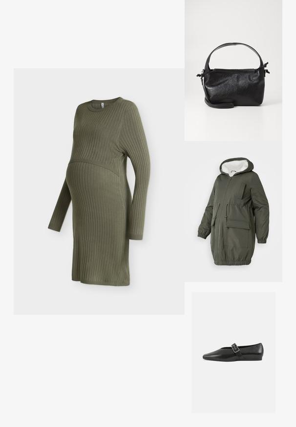 Olivgrüner Parka mit gefütterter Kapuze, durchgehendem Reißverschluss, elastischen Bündchen und mehreren Taschen. Hergestellt aus glattem, wasserabweisendem Material.; Olivgrünes, geripptes Strick-Umstandskleid mit langem Arm, rundem Ausschnitt und tailliertem Detail.; Schwarze Lederflachschuhe mit spitzem Zehenbereich, ausgestattet mit einem metallischen Riemen über dem Spann und einer niedrigen, flexiblen Sohle.; Schwarze Lederhandtasche mit strukturiertem Design, rundem Haltegriff und abnehmbarem Schulterriemen. Sie weist eine glatte Oberfläche und einen subtilen Glanz auf.