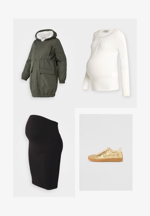 Olijfgroene parka met gevoerde capuchon, volledige rits, elastische manchetten en meerdere zakken. Gemaakt van gladde, waterafstotende stof.; Roomkleurige geribbelde zwangerschapslange mouw top met ronde hals en knoopsluiting, ontworpen om over een zwangere buik te passen.; Zwarte zwangerschapsrok gemaakt van zachte, rekbare stof. Heeft een hoge tailleband voor comfort en een aangesloten ontwerp dat zich naar het lichaam vormt.; Gouden sneaker met een gebarsten metalen afwerking, beige accenten, gestructureerde tong en gumrubberen zool. Laag model met vetersluiting.