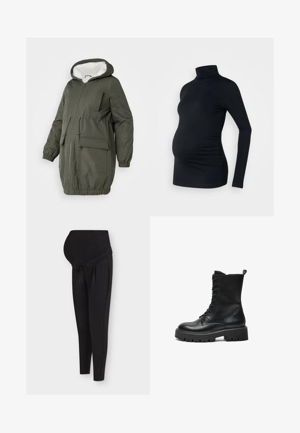 Olivengrøn parka med foret hætte, hel lynlås, elastiske håndled og flere lommer. Fremstillet af glat, vandafvisende stof.; Sort langærmet turtleneck top i strækbart stof, designet til at rumme en gravid mave, med detaljeret side ruching.; Sort ventebukser med strækbar, høj talje for graviditetsstøtte, tilspidsede ben og bindebånd i taljen.; Sort læder snøret kampstøvle med tykk lugsål, ankelhøj skaft og strop bagpå mod en hvid baggrund.