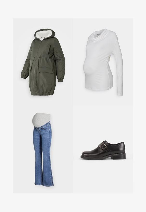Olijfgroene parka met gevoerde capuchon, volledige rits, elastische manchetten en meerdere zakken. Gemaakt van gladde, waterafstotende stof.; Witte langmouw zwangerschapsbloes met een cowl-halslijn, gemaakt van zachte, elastische stof; het aansluitende ontwerp benadrukt een babybuik.; Blauwe uitlopende zwangerschapsjeans met een elastische grijze tailleband, ontworpen om een zwangere buik te ondersteunen.; Zwarte lederen dresscode schoenen met een afgeronde neus, een zijriem met gespsluiting en een gestructureerde zool, tegen een eenvoudige witte achtergrond.