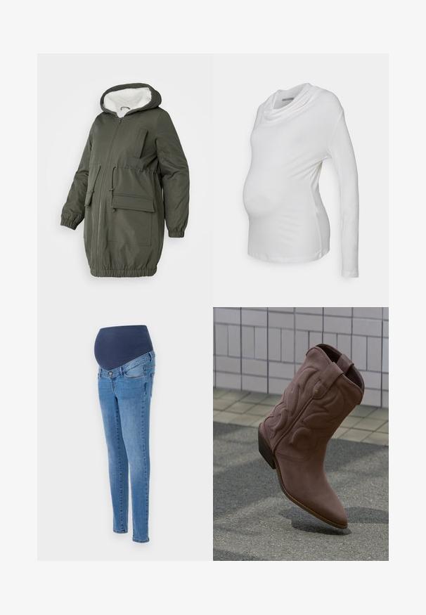 Olivgrüner Parka mit gefütterter Kapuze, durchgehendem Reißverschluss, elastischen Bündchen und mehreren Taschen. Hergestellt aus glattem, wasserabweisendem Material.; Weißes Langarm-Muttertop mit einem schrägen Ausschnitt, aus weichem, dehnbarem Stoff; figurbetontes Design hebt den Babybauch hervor.; Schwangerschaftsjeans mit einem blauen elastischen Bund und schmalen Beinen, aus hellblauem Denim mit subtilen Verwaschungen und klassischen Gesäßtaschen.; Ein einzelner brauner Cowboy-Stiefel mit dekorativen Nähten, der auf gepflastertem Boden nahe einer gefliesten Wand liegt.