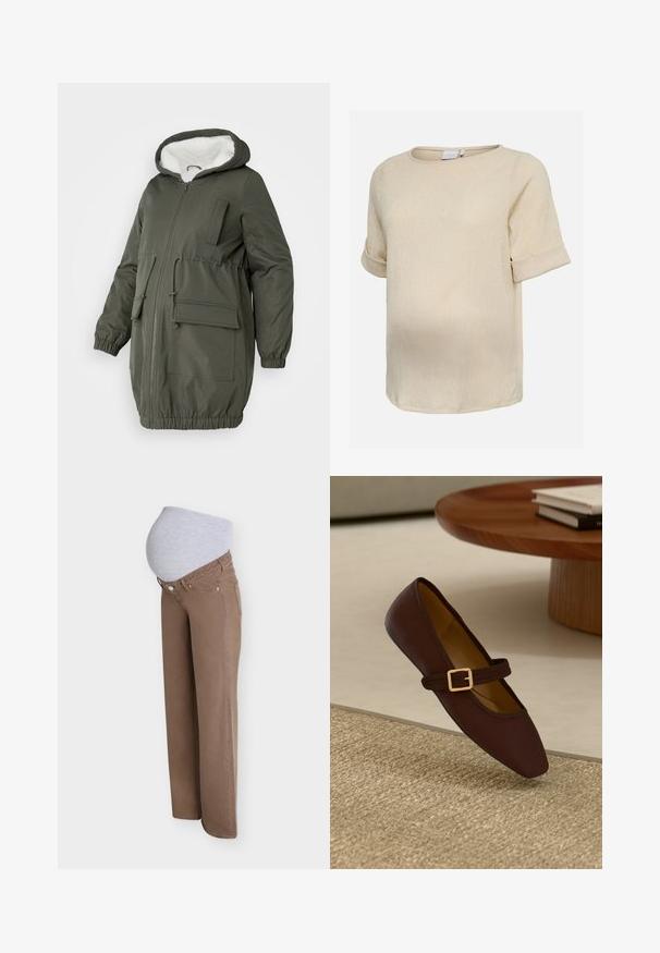 Olijfgroene parka met gevoerde capuchon, volledige rits, elastische manchetten en meerdere zakken. Gemaakt van gladde, waterafstotende stof.; Beige textuurige blouse met korte mouwen, ronde halslijn en omgeslagen mouwen, weergegeven op een witte achtergrond.; Bruine zwangerschapsjeans met een verstelbaar grijs stoffen buikpaneel, ontworpen voor zwangerschapscomfort.; Bruine leren platte schoen met spitse neus en een decoratieve band met een gouden gesp. Warme beige geweven textuur achtergrond.