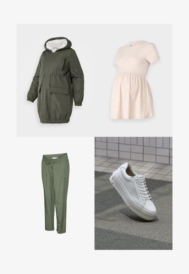 Olijfgroene parka met gevoerde capuchon, volledige rits, elastische manchetten en meerdere zakken. Gemaakt van gladde, waterafstotende stof.; Lichtbeige zwangerschapsjurk met korte mouwen, een ronde halslijn, geribbelde textuur en een A-lijn silhouet dat vanaf de taille vloeit.; Lichtgewicht, olijfgroene broek met een ontspannen pasvorm. Voorzien van een elastische tailleband met trekkoord, omgeslagen boorden en zijzakken.; Witte leren sneaker met een low-top ontwerp, platte veters, ronde neus en textuur zijden. Dikke rubberen zool met subtiele accenten.