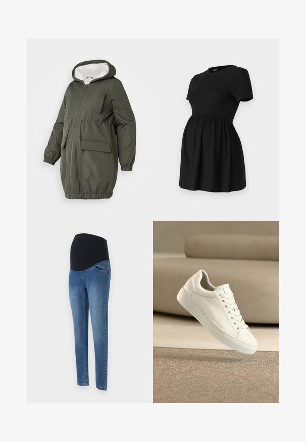 Olivengrøn parka med foret hætte, hel lynlås, elastiske håndled og flere lommer. Fremstillet af glat, vandafvisende stof.; ONLY MATERNITY Peplum OLMMALAYA Peplum - T-shirts basic - black; Graviditetsjeans med en strækbar sort talje, blå denimstof, slank pasform, femlommes design og diskret blegning på forsiden af benene.; Hvid læder-sneaker med klassisk design, snørelukning, flad gummisål og teksturerede detaljer. Ren, minimalistisk æstetik.
