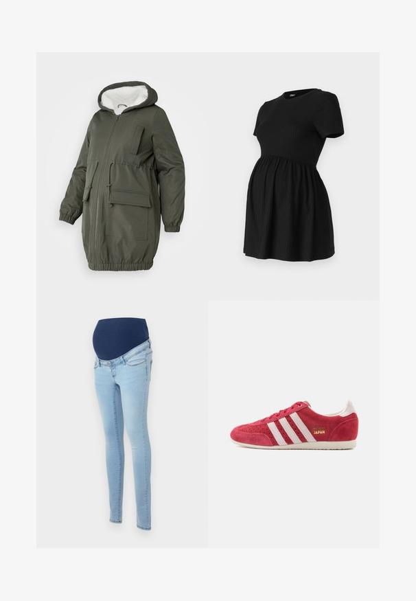 Olivovozelená parka s podšívkovou kapucňou, plným zipsom, elastickými manžetami a viacerými vreckami. Vyrobená z hladkej, vodeodolnej tkaniny.; ONLY MATERNITY Peplum OLMMALAYA Peplum - Základné tričko - black; Svetlomodré tehotenské rifle s pružným tmavomodrým brušným panelom, navrhnuté pre pohodlie a podporu počas tehotenstva.; Červená semišová teniska s bielymi koženými pruhmi, gumovou podrážkou a zlatým logom. Má perforácie na špičke a zaoblený tvar.