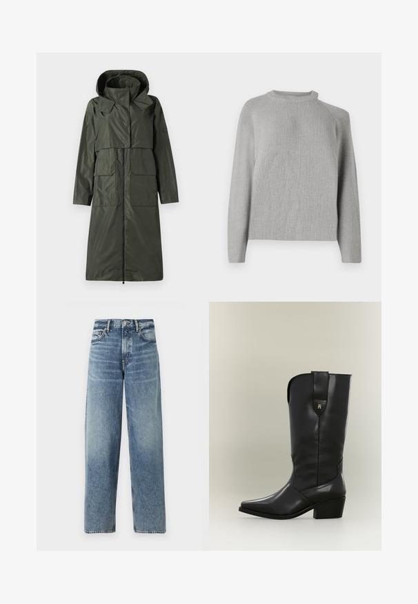 Donkergroen, waterdichte jas met capuchon, ritsluiting, twee grote voorzakken en een relaxte pasvorm. Gladde textuur en middellange ontwerp.; Copenhagen Muse COLIN PULLOVER - Trui - light grey; Lichtblauwe denim jeans met een rechte pasvorm, hoge taille en subtiele vervaging. Voorzien van vijf zakken en een knoopsluiting.; Hoge zwarte leren cowboylaars met spitse neus, stevige hak en treklus met een klein gouden logo.
