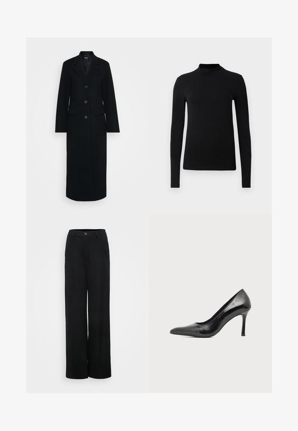 Lang sort kvindernes frakke med klapkrave, tre knapper fortil og stiklommer på begge sider.; Sort langærmet turtleneck skjorte lavet af glat stof; tætsiddende design med høj krave og ingen synlige sømme. Enkel, ensfarvet.; Sorte bukser med brede ben og en glat tekstur, der har en knaplukning og frontlommer. Klassisk, alsidigt design velegnet til forskellige anledninger.; Sort laklæder damestilet med spids tå og slank hæl på en ensartet lys baggrund.
