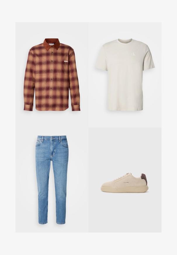 Skjorte med tern i nuancer af rød og beige, med en krave i brunt ruskind, knaplukning foran og lange ærmer med knapmanchetter.; Beige kortærmet T-shirt i bomuld med rund hals og lille hvidt "cK"-logo på venstre bryst.; Lys blå denim jeans med lige snit, fem-lomme design og subtilt slid. Har knaplukning og bæltestropper.; Beige ruskind sneakers med rund tå, snørret foran og en brun ruskindsdetalje på hælen. Har en tekstureret gummisål.