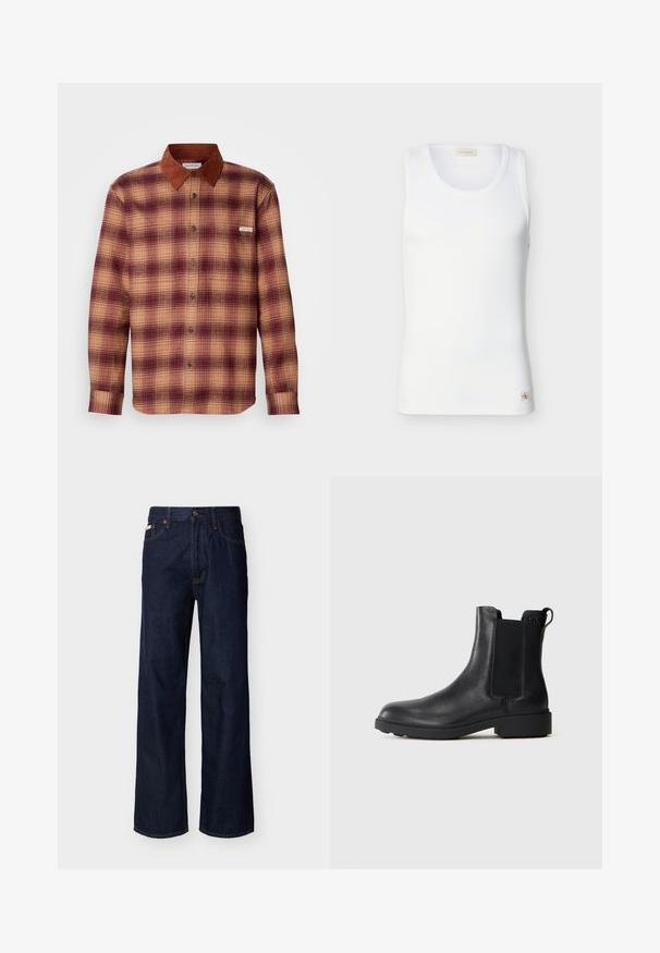 Geruite shirt in tinten van rood en beige, met een bruine suède kraag, knopen aan de voorkant en lange mouwen met knoopmanchetten.; Witte geribbelde mouwloze tanktop met ronde halslijn en een klein Calvin Klein-logo labeltje bij de zoom op een effen achtergrond.; Donkerblauwe rechte spijkerbroek met een ontwerp van vijf zakken en knoopsluiting, getoond op een effen lichte achtergrond.; Zwarte leren enkelboot met elastische zijpanelen, trekhaak op de hiel en een lage blokzool tegen een effen achtergrond.