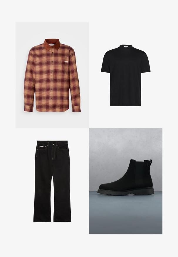 Skjorte med tern i nuancer af rød og beige, med en krave i brunt ruskind, knaplukning foran og lange ærmer med knapmanchetter.; Sort T-shirt med en kort, høj halsudskæring. Fremstillet af blødt stof, den har korte ærmer og en afslappet pasform uden bemærkelsesværdige mønstre eller accenter.; Sorte jeans med lige ben, orange syning, fem lommer, knaplukning og et lille Calvin Klein-mærke på den forreste højre lomme.; Sort ankelstøvle lavet af glat materiale med diskrete syninger, en gummisål og et strømlinet design, placeret over en overflade med træstruktur.