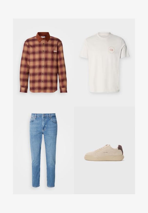 Geruite shirt in tinten van rood en beige, met een bruine suède kraag, knopen aan de voorkant en lange mouwen met knoopmanchetten.; Witte T-shirt met korte mouwen en ronde hals, met een klein rood rond "CK Calvin Klein" logo op de linkerkant van de borst.; Lichtblauwe denim jeans met een rechte pasvorm, vijf zakken en subtiele vervaging. Voorzien van een knoopsluiting en riemlussen.; Beige suède sneakers met een ronde neus, vetersluiting aan de voorkant en een bruine suède accent op de hiel. Beschikt over een gestructureerde rubberen zool.