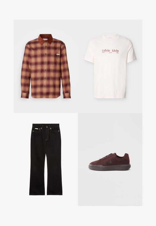 Geruite shirt in tinten van rood en beige, met een bruine suède kraag, knopen aan de voorkant en lange mouwen met knoopmanchetten.; Witte katoenen T-shirt met rode tekst waarop staat "calvin klein new york city." Korte mouwen en een ronde hals.; Zwarte jeans met rechte pijpen, oranje stiksels, vijf zakken, knoopsluiting en een klein Calvin Klein-label op de voorste rechterzak.; Bordeaux suède sneaker met een rubberen zool, voorzien van ronde veters en een subtiele, geïmplanteerde logo op de zijkant voor branding.