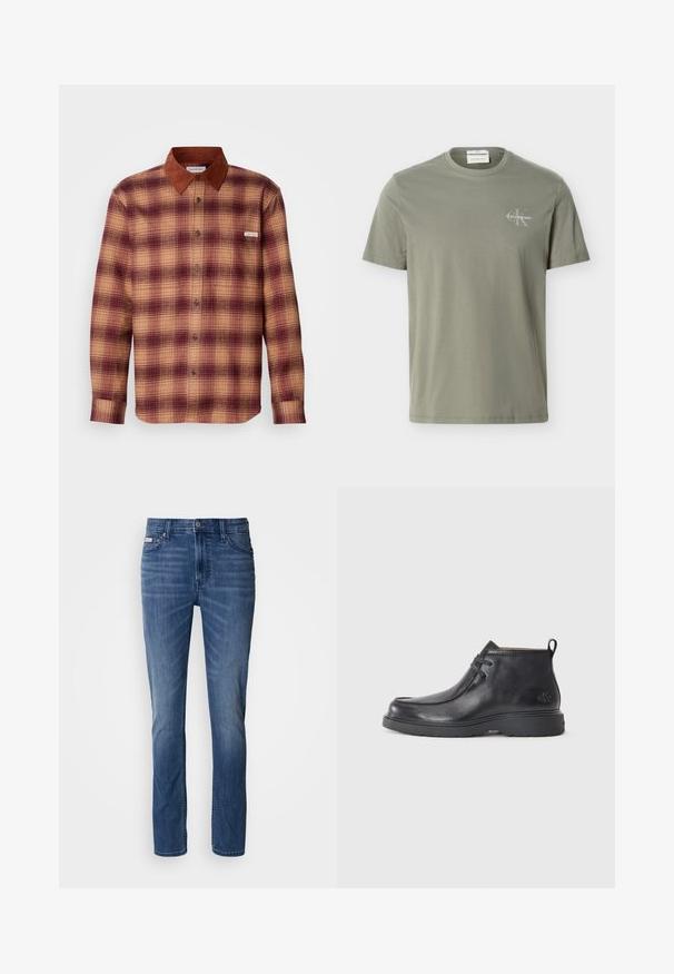 Skjorte med tern i nuancer af rød og beige, med en krave i brunt ruskind, knaplukning foran og lange ærmer med knapmanchetter.; Lysegrøn kortærmet t-shirt med rund hals og lille hvid Calvin Klein-logo på venstre bryst.; Denimjeans i mellemblå vask, med lige ben, traditionelle fem-lommer, bæltestropper og knap-gylp.; Sorte læder ankelstøvler med rund tå, snørelukning og en løkke bagpå. Tekstureret overdel og gummisål.