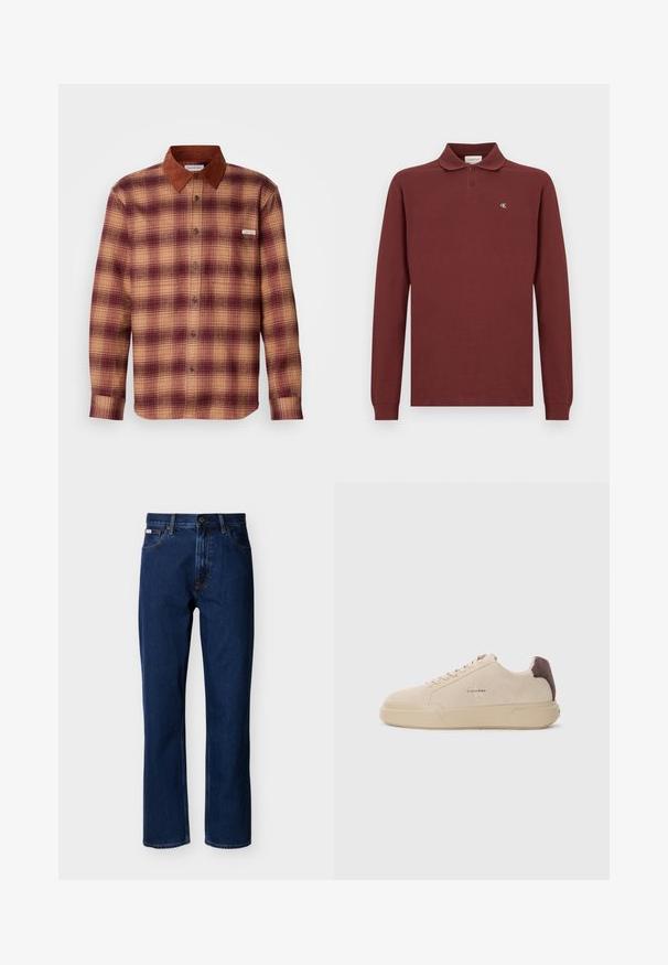Geruite shirt in tinten van rood en beige, met een bruine suède kraag, knopen aan de voorkant en lange mouwen met knoopmanchetten.; Bordeaux lange mouwen polo shirt van katoen, met een klassieke kraag, een drie-knopen sluiting en een klein geborduurd logo op de borst.; Donkerblauwe jeans met rechte pijpen van denim, met een klassiek ontwerp van vijf zakken, subtiele stiksels en een knoopsluiting aan de voorkant.; Beige suède sneakers met een ronde neus, vetersluiting aan de voorkant en een bruine suède accent op de hiel. Beschikt over een gestructureerde rubberen zool.