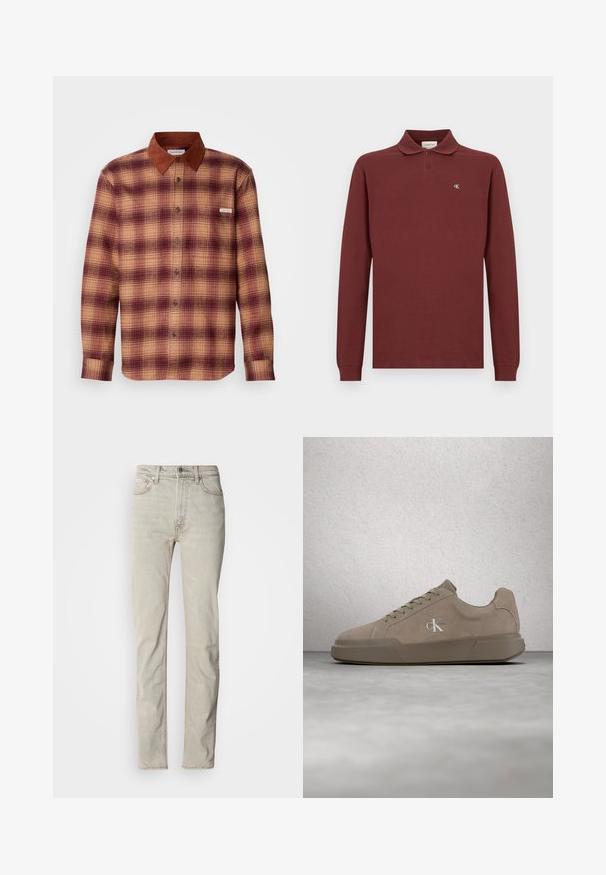 Geruite shirt in tinten van rood en beige, met een bruine suède kraag, knopen aan de voorkant en lange mouwen met knoopmanchetten.; Bordeaux lange mouwen polo shirt van katoen, met een klassieke kraag, een drie-knopen sluiting en een klein geborduurd logo op de borst.; Beige denim jeans met een rechte pijp, vijfzakkenstijl en een knoopsluiting. Voorzien van een subtiele textuur en minimale stikaccenten.; Beige suède sneaker met veters en "ck"-logo, zwevend boven een gepolijste betonnen vloer met een achtergrond van glazen blokken.