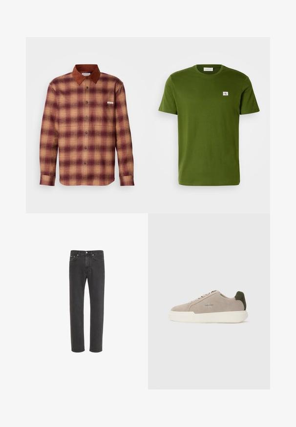 Geruite shirt in tinten van rood en beige, met een bruine suède kraag, knopen aan de voorkant en lange mouwen met knoopmanchetten.; Olijfgroene katoenen t-shirt met een ronde hals en korte mouwen. Kenmerkt zich door een klein, rechthoekig Calvin Klein-logo op de borst.; Zwarte rechte denim jeans met knoop- en ritssluiting aan de voorkant, voor- en achterzakken, weergegeven op een witte achtergrond.; Beige suède sneakers met een witte rubberen zool, voorzien van een donkergroene hielaccent en subtiele branding aan de zijkant.