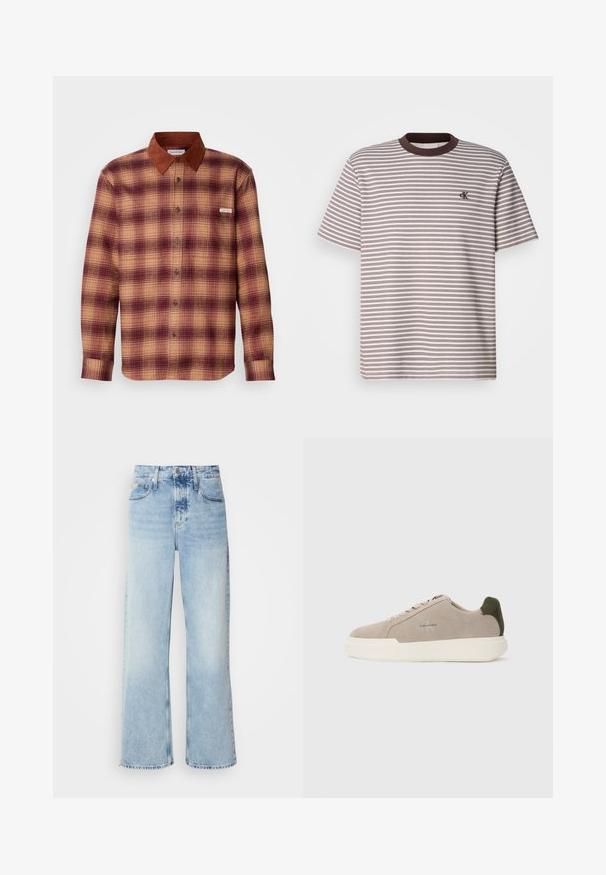 Skjorte med tern i nuancer af rød og beige, med en krave i brunt ruskind, knaplukning foran og lange ærmer med knapmanchetter.; Stripet kortærmet t-shirt med brune og cremefarvede vandrette striber, rund halsudskæring med brune detaljer og lille broderet logo på brystet.; Lysblå vide jeans med høj talje, der har en falmet finish, bæltestropper og klassisk fem-lomme design. Kantene er rå.; Beige ruskinds sneakers med en hvid gummisål, der har en mørkegrøn hælaccent og subtil branding på siden.