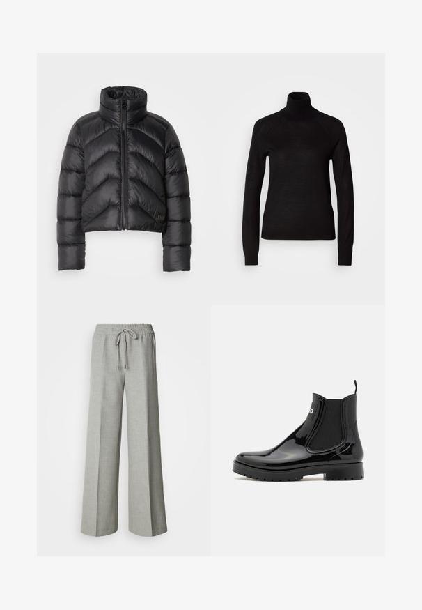 Schwarze, kurz geschnittene Pufferjacke mit hohem Kragen, Reißverschluss vorne, Chevron-Steppung und glatter Textur.; Schwarzer Rollkragenpullover aus leichtem Strickmaterial. Mit langen Ärmeln und einer figurbetonten Silhouette mit Raglanärmeln.; Hellgraue Hosen mit weitem Bein, elastischem Bund und Kordelzug, Fronttaschen und einem dezenten strukturierten Stoff.; HUGO TABITA - Gummistiefel - black