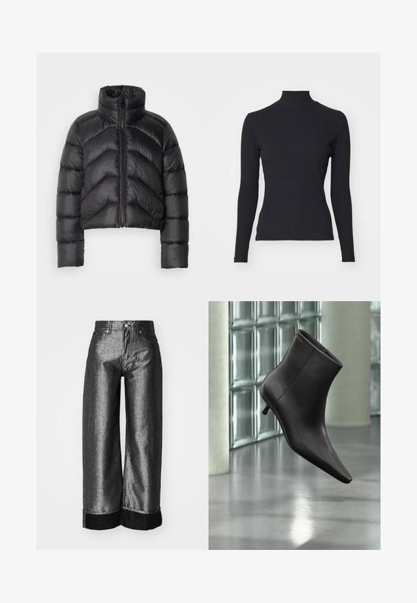 Schwarze, kurz geschnittene Pufferjacke mit hohem Kragen, Reißverschluss vorne, Chevron-Steppung und glatter Textur.; Schwarzes, geripptes Rollkragenoberteil mit langen Ärmeln. Aus dehnbarem Stoff mit figurbetonter Passform und hohem Kragen. Einfaches Design ohne Verzierungen.; Weit geschnittene Jeans aus metallisch dunkelgrauem Denim mit glatter Textur. Verfügt über einen schwarzen Denim-Bund und einen klassischen Knopfverschluss mit Gürtelschlaufen.; Schwarzer Leder-Knöchelstiefel mit spitzer Spitze und kleinem Absatz vor einer Wand aus Glasbausteinen und einem polierten Boden.