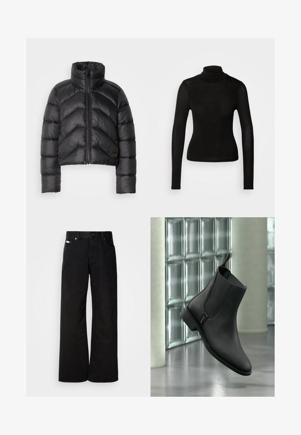 Schwarze, kurz geschnittene Pufferjacke mit hohem Kragen, Reißverschluss vorne, Chevron-Steppung und glatter Textur.; Schwarzes Rollkragenoberteil aus einem leichten, dehnbaren Material. Verfügt über lange Ärmel und eine figurbetonte Silhouette ohne sichtbare Nähte.; Schwarze weite Jeans aus Baumwolle. Verfügt über frontale Taschen, einen Knopfverschluss und eine klassische Denim-Textur. Minimalistisches Design ohne Muster.; Schwarzer Lederknöchelstiefel mit elastischen Seitenteilen und Zuglasche, in der Luft vor einer Wand aus Glasbausteinen und glattem Boden positioniert.