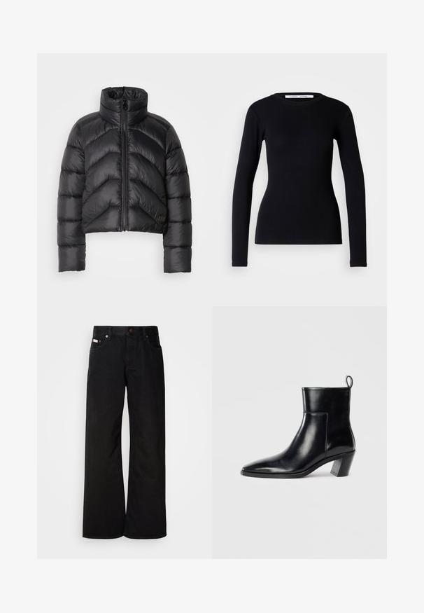 Schwarze, kurz geschnittene Pufferjacke mit hohem Kragen, Reißverschluss vorne, Chevron-Steppung und glatter Textur.; Schwarzes Langarmoberteil aus geripptem Stoff. Hat einen runden Halsausschnitt und eine schmale Passform. Keine Muster oder Verzierungen. Einfaches Design.; Schwarze weite Jeans aus Baumwolle. Verfügt über frontale Taschen, einen Knopfverschluss und eine klassische Denim-Textur. Minimalistisches Design ohne Muster.; Schwarze Leder-Ankleboots mit spitzem Zeh, geometrischem Blockabsatz und einem Zugband hinten. Glatte Textur und elegantes Design.