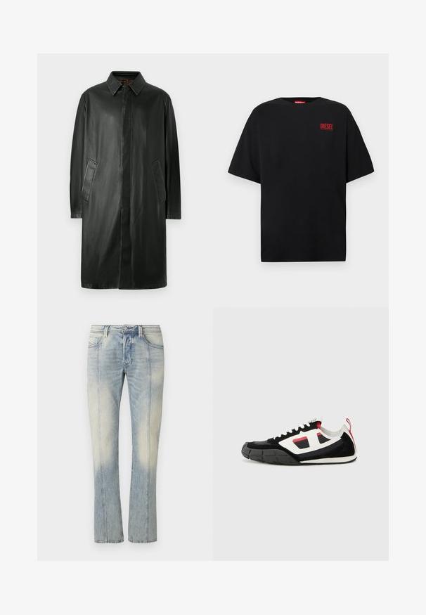 Schwarzer Lederanzug mit einem Kragenhals, langen Ärmeln und Seitentaschen. Glatte Textur und geradliniges Design.; Schwarzes T-Shirt aus Baumwolle, mit kurzen Ärmeln, rundem Ausschnitt und einem roten "DIESEL"-Logo auf der linken Brustseite.; Hellblaue Jeans aus Denim mit geradem Bein, doppelt abgesteppten Nähten, Fronttaschen und einem verwaschenen Finish. Kein sichtbares Markenzeichen.; Diesel S PAGODHA LOW - Sneaker low - black