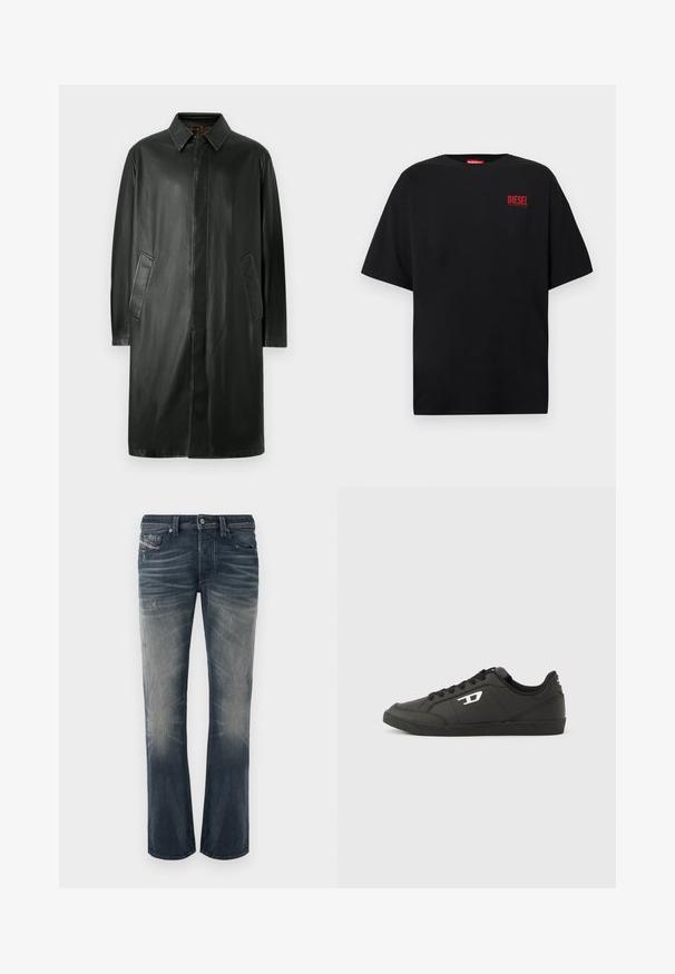 Zwarte leren jas met een kraag, lange mouwen en zijzakken. Glad textuur en recht gesneden ontwerp.; Zwart T-shirt van katoen met korte mouwen, een ronde hals en een rood "DIESEL"-logo op de linkerborst.; Lichtgewassen, recht gesneden jeans van donkerblauwe denim met vervaagde delen, subtiele slijtage en distressed details. Knopenluiting met vijf zakken.; Zwarte sneakers van synthetisch materiaal met een geribbelde zwarte zool, ronde neus en vlakke zwarte veters. Opvallend wit logomerk aan de buitenzijde.
