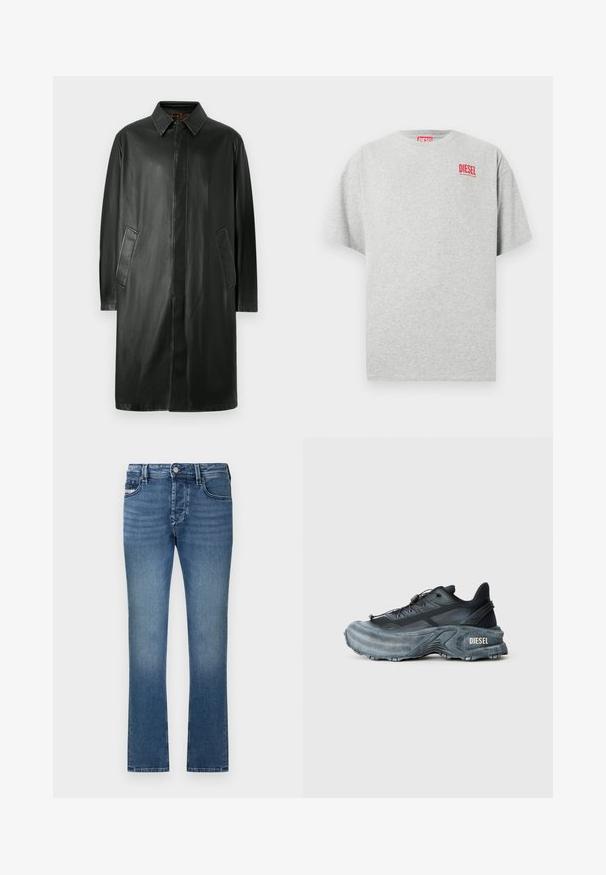 Schwarzer Lederanzug mit einem Kragenhals, langen Ärmeln und Seitentaschen. Glatte Textur und geradliniges Design.; Graues Baumwoll-T-Shirt mit rundem Ausschnitt und kurzen Ärmeln. Mit einem kleinen roten "DIESEL"-Logo auf der Brust. Glatte Textur.; Blaue Jeans aus Denim mit geradem Bein, Fünf-Taschen-Design und ausgewaschenem Finish. Verfügt über einen Taillenbund mit Gürtelschlaufen und Metallknopfverschluss.; Schwarz- und graue Diesel-Sneaker mit dicker Sohle, Schnürverschluss und strukturiertem Design auf einem schlichten hellgrauen Hintergrund.