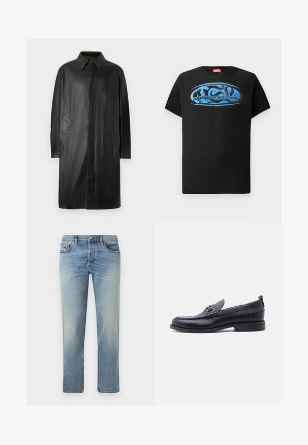 Zwarte leren jas met een kraag, lange mouwen en zijzakken. Glad textuur en recht gesneden ontwerp.; Zwarte t-shirt met korte mouwen van katoen, voorzien van een blauw grafisch logo ontwerp met de tekst "www.diesel.com" op de voorkant.; Lichtblauwe denim jeans met een recht gesneden ontwerp. Kenmerken zijn vijf zakken, riemlussen en subtiele vervaging over de stof.; Zwarte leren loafer met grijze, gestructureerde vamp, zilveren metalen gesp, lage hak en trekkoord aan de achterkant.